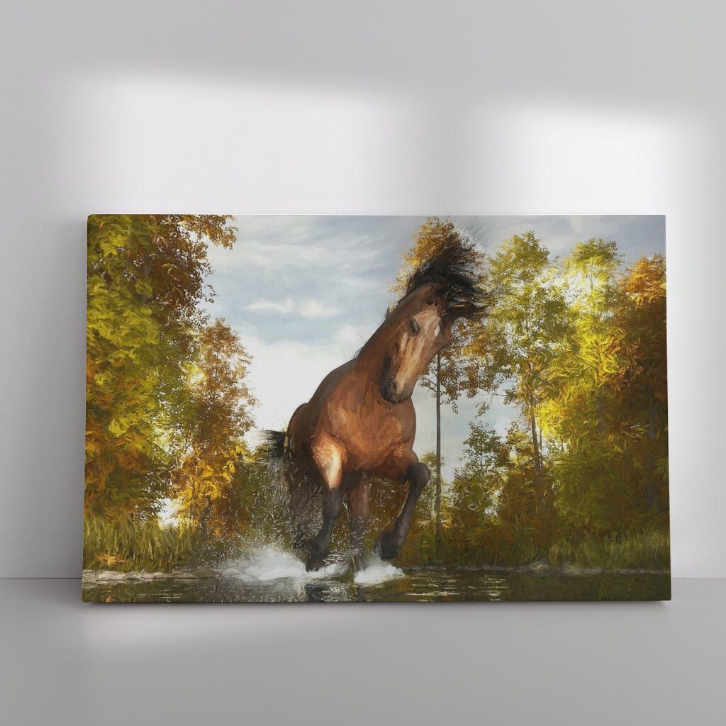 Geschilderd rennend paard door de bossen en door het water