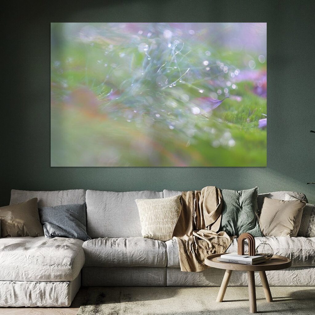 Een zacht abstracte foto van groene begroeiing met paarse bloemen en druppels van de ochtenddauw met een kleine scherptediepte.