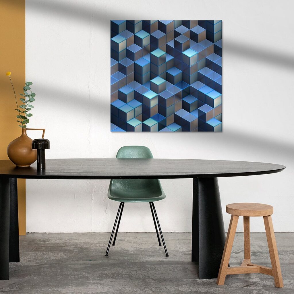 Blauwe torens van kubussen is een digitaal gemaakt werk met een industriële uitstraling.