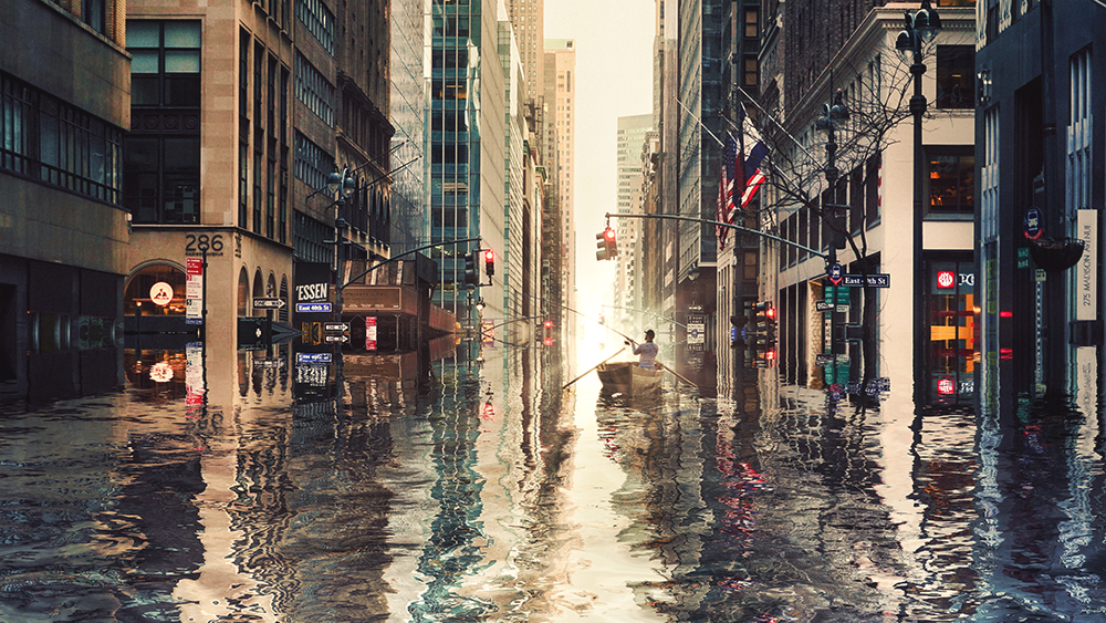 De straten van New York onder water, een surrealistisch werk met een ideologische gedachte.