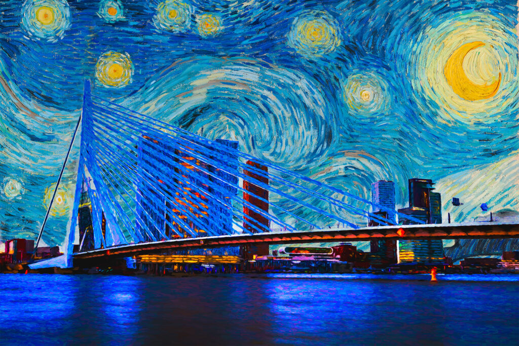 Een aangepaste versie van het werk van Van Gogh als lucht boven de Rotterdamse Skyline