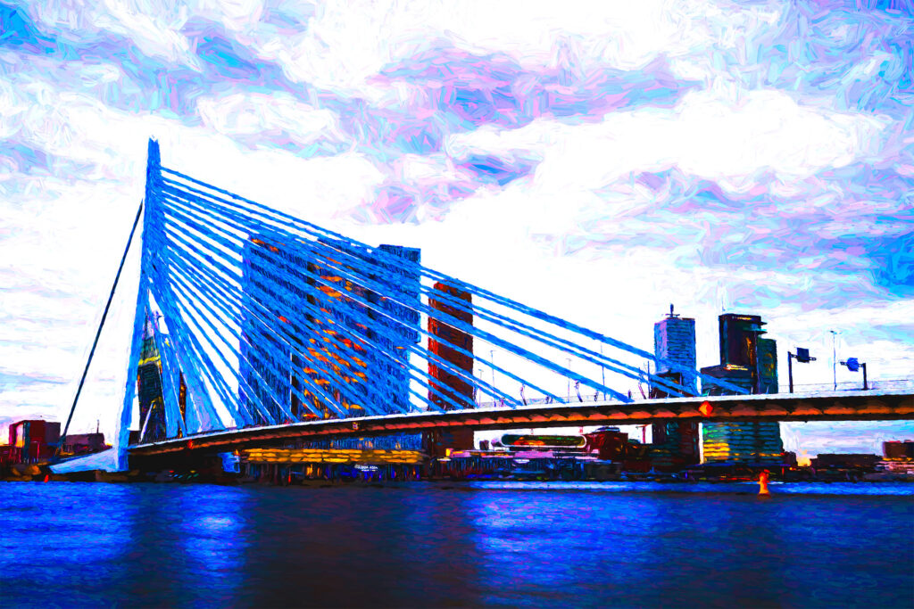 De skyline was wel hoe ik het beeld zag, maar met deze lucht vond ik het werk toch niet zo geslaagd en bleef het maanden liggen.