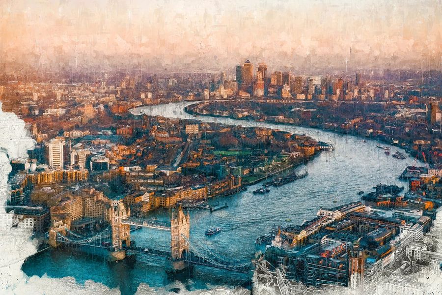 Breng de iconische Londense skyline in huis met dit gedetailleerde digitale schilderij van de Theems en Tower Bridge, perfect voor liefhebbers van stedelijke landschappen en sfeervolle kunst.