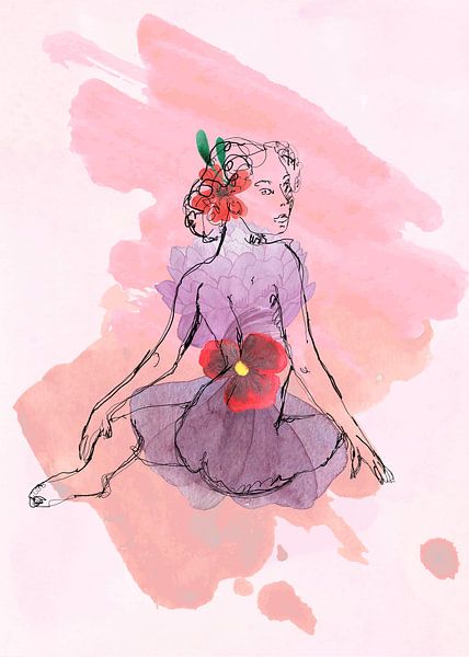 Een verfijnde waterverftekening van een vrouwelijke bloemnymf, die met zachte kleuren en vloeiende lijnen een serene en natuurlijke sfeer oproept. Perfect voor een sfeervolle toevoeging aan elk interieur.