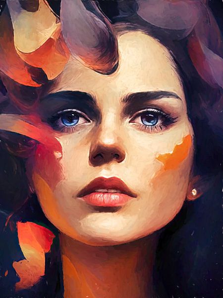 Ontdek dit digitaal portret van een vrouw met hypnotiserende blauwe ogen en levendige rood-oranje accenten, een unieke mix van realisme en abstractie die elke ruimte verrijkt met moderne expressie.