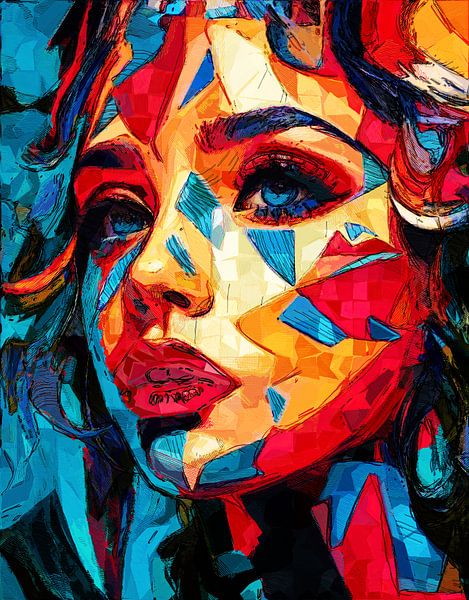 Ontdek het krachtige portret 'Kleurrijke Reflecties: Neon Dromen' met levendige geometrische vormen en intense kleuren die elke ruimte een moderne en expressieve uitstraling geven.