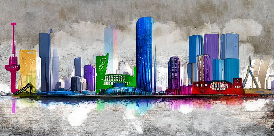 Muurschildering, skyline van Rotterdam