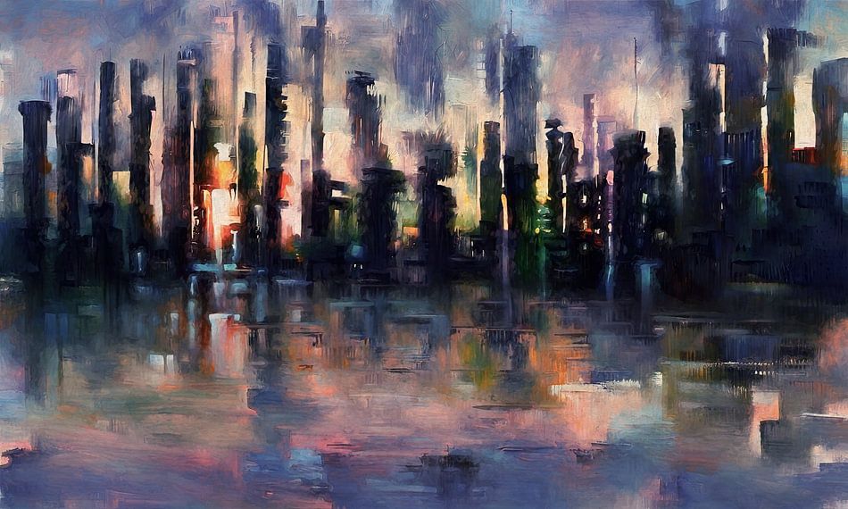Ontdek de betoverende sfeer van een neonverlichte stad bij avond, gevangen in een impressionistisch schilderij vol kleur en reflecties. Perfect voor moderne interieurs die een dromerige stedelijke ambiance willen creëren.