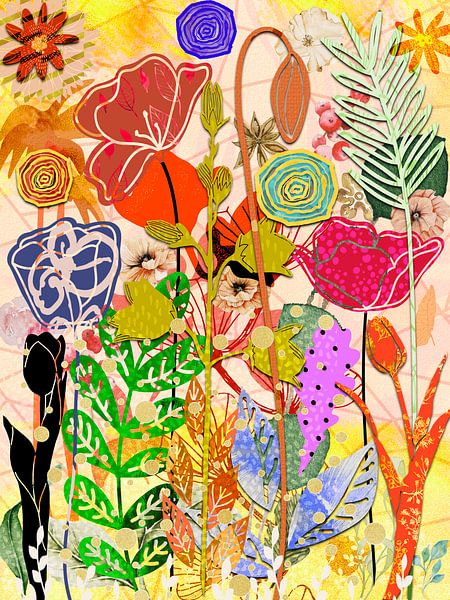 Een levendig en kleurrijk bloemkunstwerk in abstracte mozaïekstijl dat warmte en vrolijkheid brengt in elke ruimte. Perfect voor liefhebbers van moderne, botanische kunst met een speelse uitstraling.