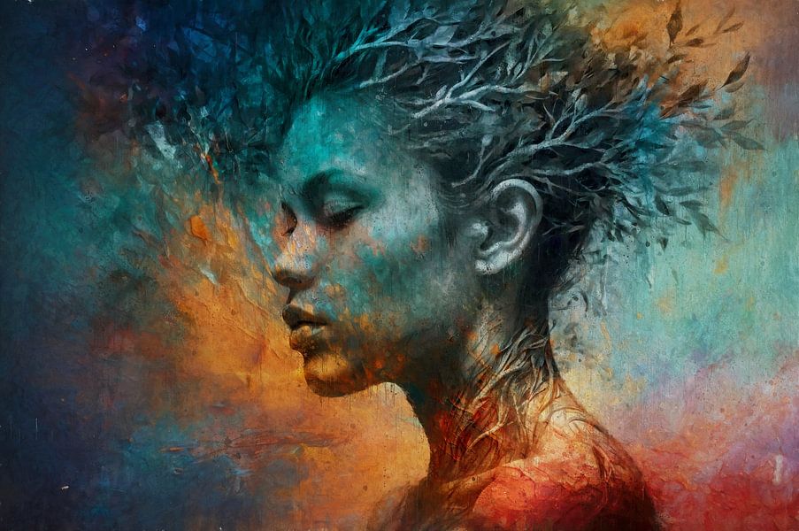 Ontdek 'Roots', een expressief portret waarin een vrouwelijk figuur naadloos overgaat in boomtakken en bladeren, en zo de diepe verbinding tussen mens en natuur verbeeldt met rijke texturen en levendige kleuren.