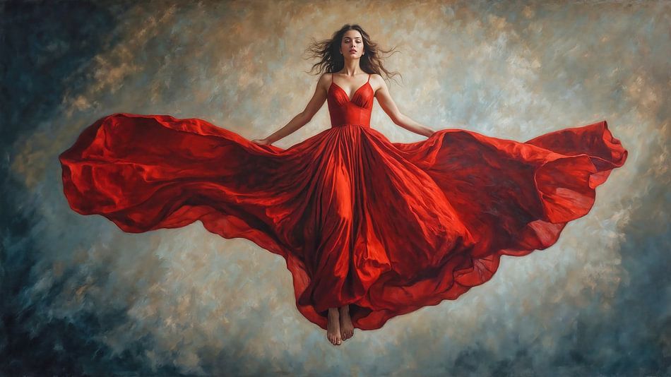 Ontdek de kracht en elegantie van 'Ascension in Red', een realistisch schilderij van een vrouw die zweeft in een levendige rode jurk, symbool voor passie en spirituele verheffing.