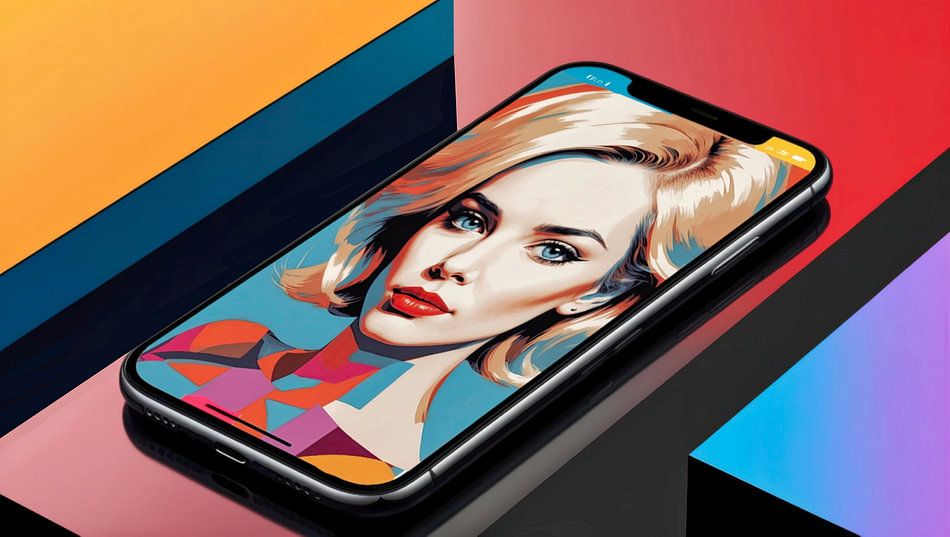 Een krachtig popart kunstwerk dat de smartphone als modern icoon centraal stelt, met levendige kleuren en een opvallend vrouwelijk portret. Perfect voor wie moderne technologie en kunst wil combineren in een eigentijds interieur.