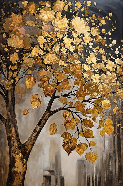 Gouden Boom in Abstract Stadsgezicht