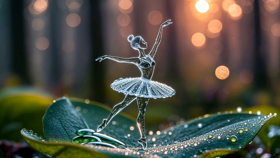 Ontdek de betovering van een kristallen ballerina die danst op dauwdruppels in het ochtendlicht. Dit digitale kunstwerk combineert natuur en magie en brengt rust en verfijning in elk interieur.