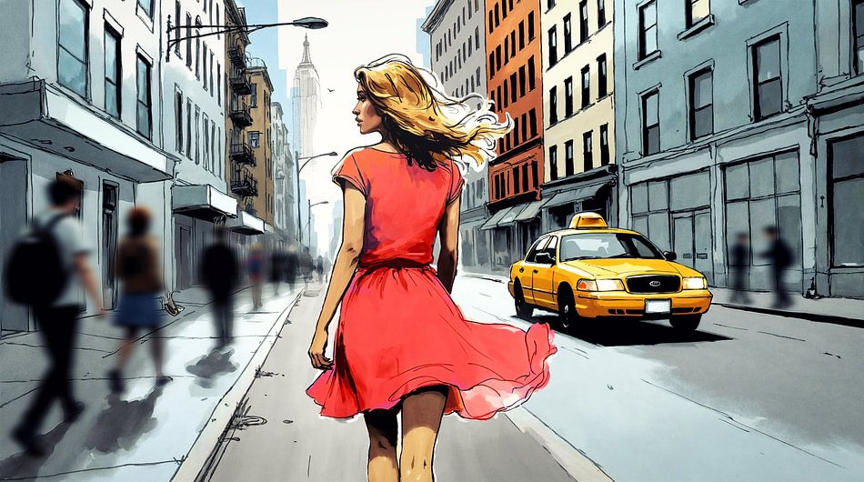 Vrouw in Rode Jurk in New York Straat met Gele Taxi