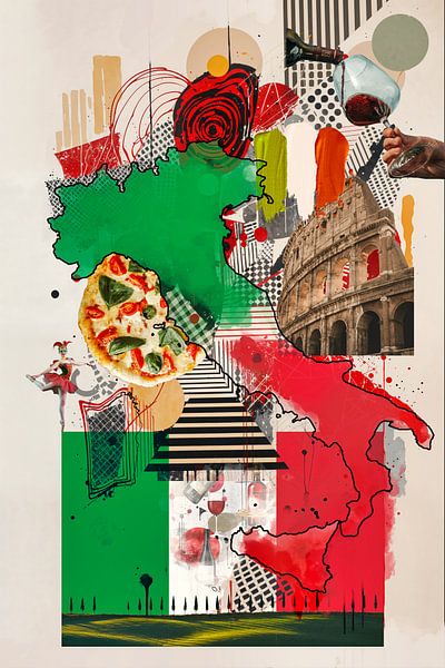Italiaanse Pop Art Collage – Pizza, Wijn en Colosseum