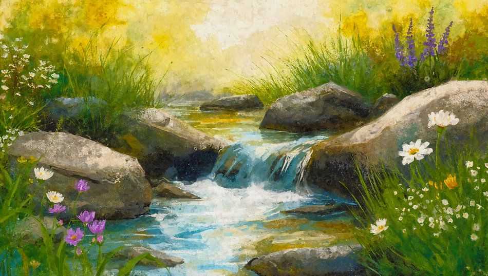 Breng de rust van een kabbelend beekje met rotsen en kleurrijke wilde bloemen in huis. Dit realistische landschapsschilderij straalt sereniteit en harmonie uit en past perfect in diverse interieurstijlen.
