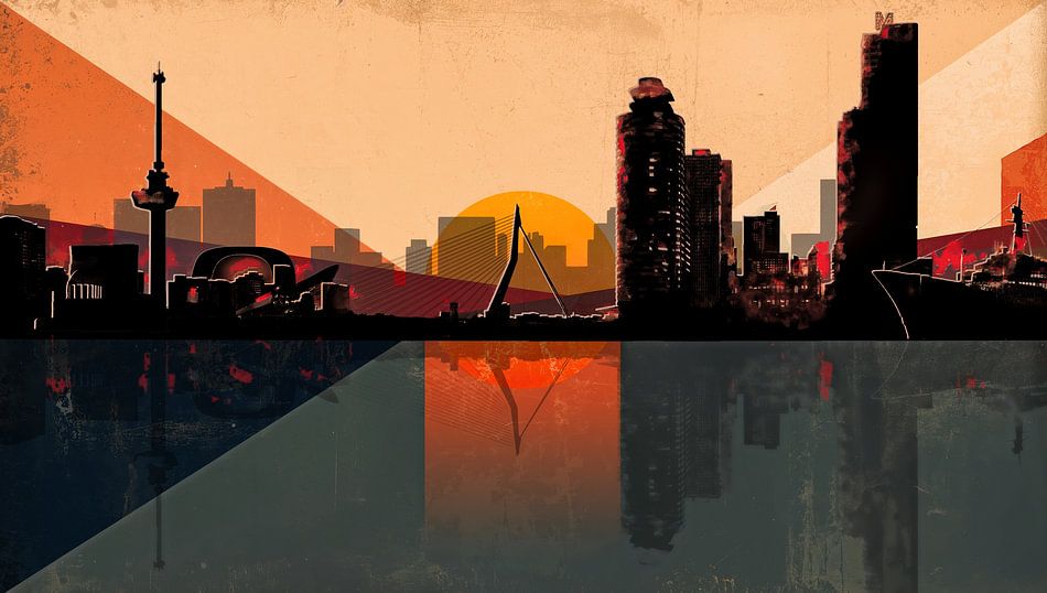Een krachtig grafisch kunstwerk van de Rotterdamse skyline in warme oranje en terra tinten bij zonsondergang. Perfect voor moderne interieurs die stedelijke energie en architectonische trots willen uitstralen.