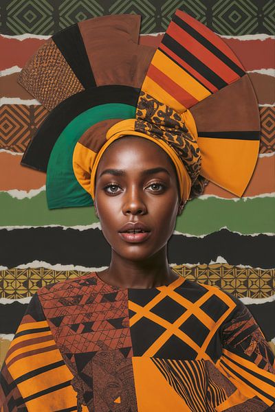 Ontdek de krachtige elegantie van 'African Beauty in Tangerine Twist Colors', een kleurrijk portret dat Afrikaanse vrouwelijkheid en culturele trots viert met warme aardetinten en moderne grafische patronen.