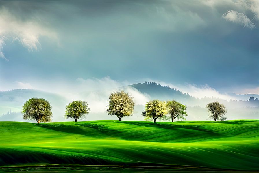 Ontdek de serene schoonheid van bloeiende bomen op een groen glooiend landschap met mistige heuvels. Dit fotografische kunstwerk brengt rust en natuurlijke frisheid in elke ruimte.