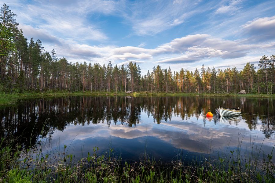 Ontdek de kalme schoonheid van een spiegelglad meer omringd door naaldbomen, met een subtiele roeiboot die rust en reflectie oproept in dit natuurgetrouwe landschap. Ontdek de kalme schoonheid van een spiegelglad meer omringd door naaldbomen, met een subtiele roeiboot die rust en reflectie oproept in dit natuurgetrouwe landschap.