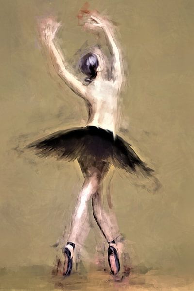 Ontdek de gratie en kracht van ballet in dit expressieve digitale schilderij van een ballerina op spitzen, met een subtiele mix van klassieke en abstracte elementen.