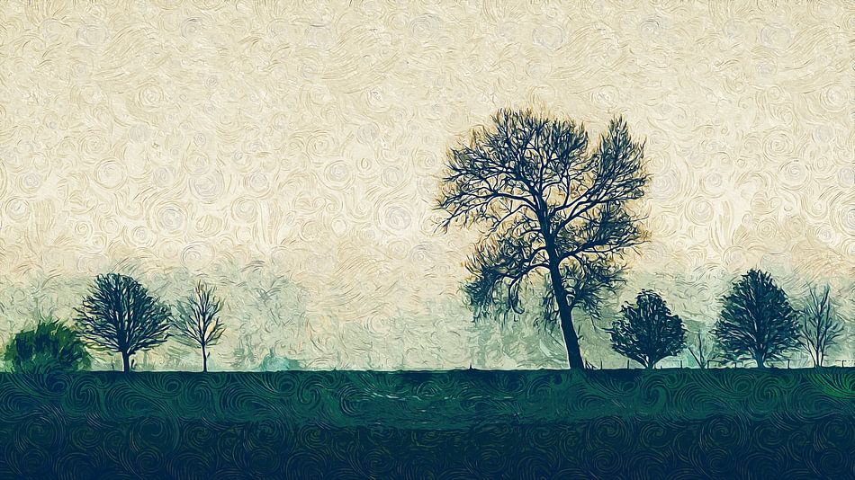 Ontdek de serene schoonheid van het Hollandse landschap in dit digitale impressionistische kunstwerk met minimalistische stijl en rijke texturen, perfect voor een rustige en stijlvolle inrichting.