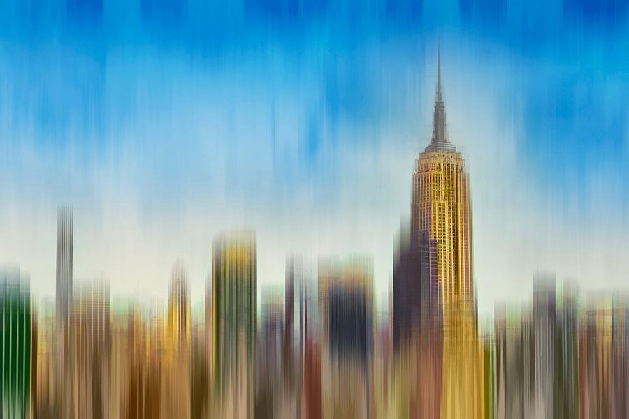 Een indrukwekkende abstracte skyline van Manhattan met het Empire State Building als centraal detail, perfect voor moderne interieurs en als opvallend fotobehang.