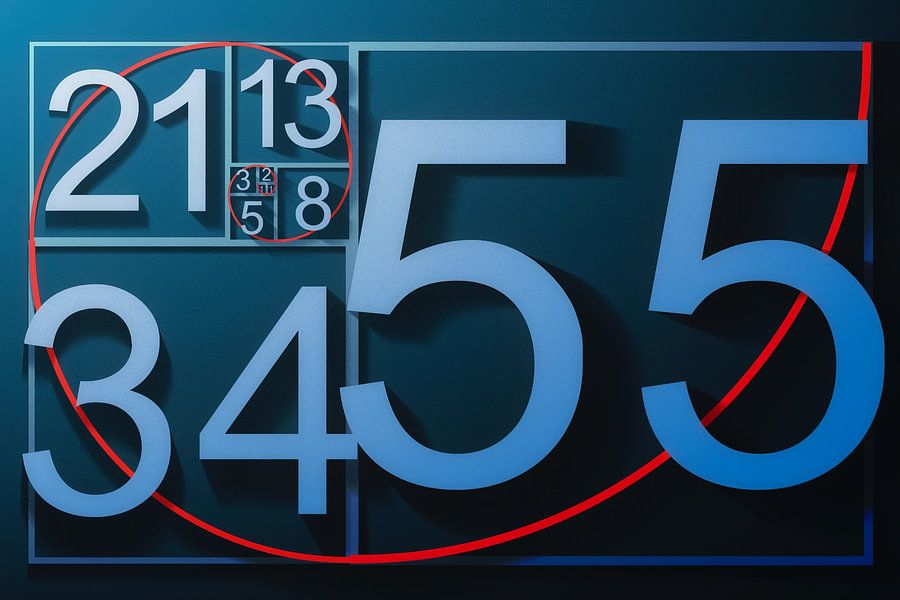 Strakke grafische interpretatie van de Fibonacci-reeks met een opvallende rode spiraal en grote blauwe cijfers, perfect voor liefhebbers van wiskunde en design.