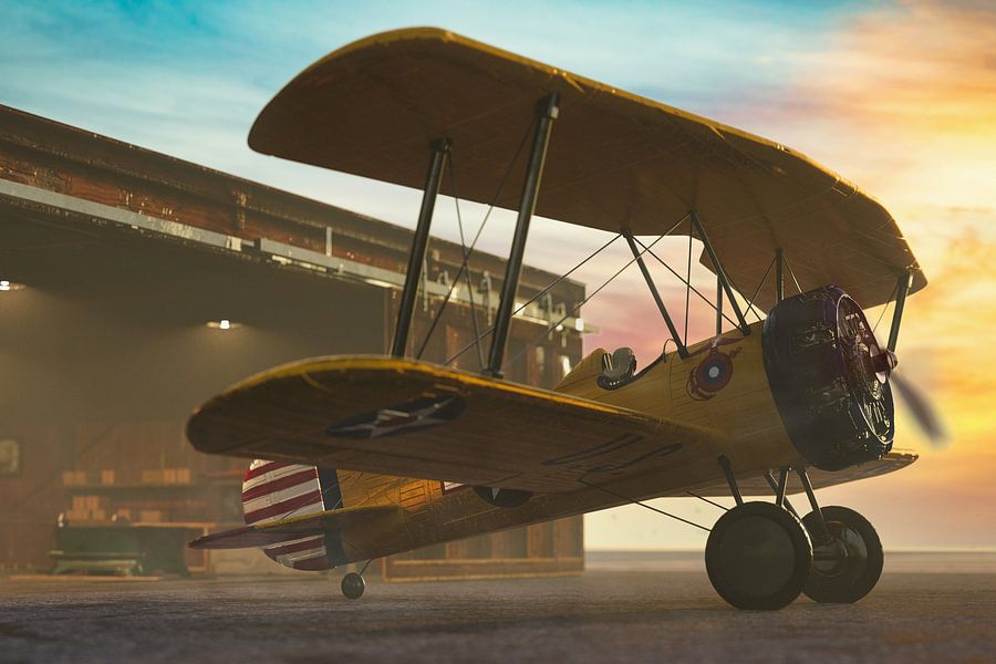 Ontdek de charme van een gele dubbeldekker in retro stijl, gevangen in een sfeervolle zonsondergang. Dit realistische kunstwerk brengt nostalgie en avontuur in elke ruimte.