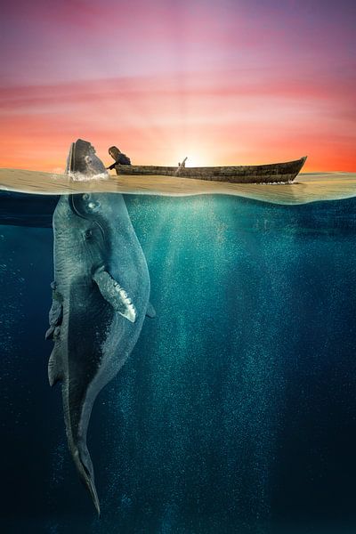 Ontdek de magie van onverwachte vriendschap met deze betoverende fotomontage van een meisje en een walvis in een roeiboot bij zonsondergang.
