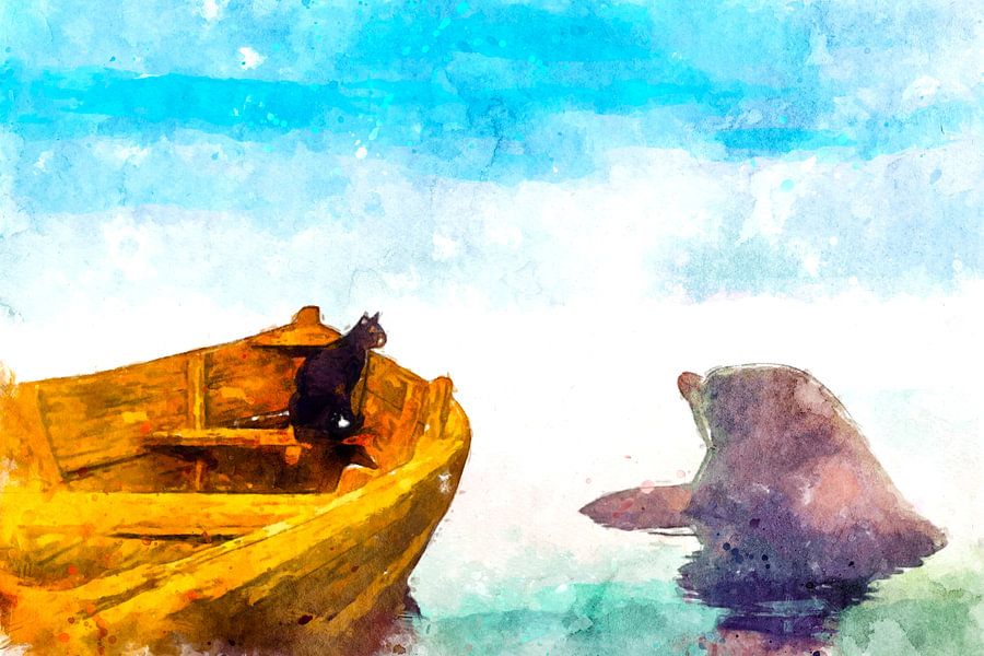 Ontdek de serene ontmoeting tussen een huiskat en een dolfijn in deze sfeervolle waterverfcompositie uit de 'Making Friends' serie, waarin natuur en verbeelding samenkomen.