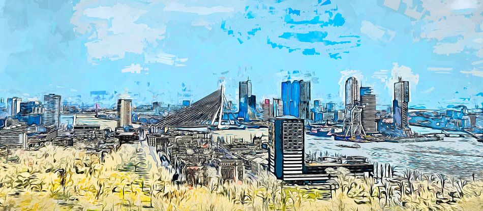 Getekende panorama van de Rotterdamse skyline