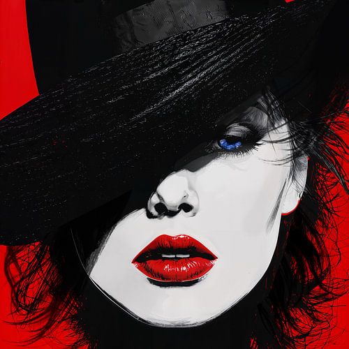 Pop Art Vrouw met Hoed en Rode Lippen