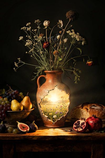 Stilleven met Gebroken Vaas en Bloemenlandschap