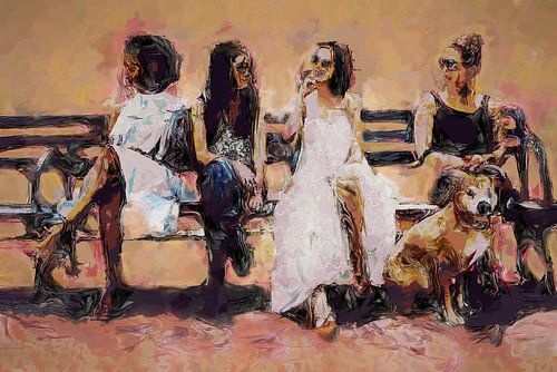 Vier vrouwen en een hond tijdens een mooie zomerdag